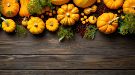 Happy Thanksgiving concept. Composition with ripe orange pumpkins, fallen leaves, dry flowers on rustic wooden table. Flat lay, top view, copy spaceの素材