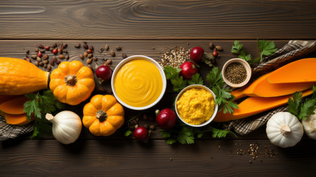 Happy Thanksgiving concept. Composition with ripe orange pumpkins, fallen leaves, dry flowers on rustic wooden table. Flat lay, top view, copy spaceの素材
