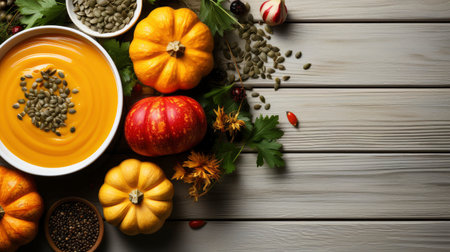 Happy Thanksgiving concept. Composition with ripe orange pumpkins, fallen leaves, dry flowers on rustic wooden table. Flat lay, top view, copy spaceの素材