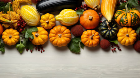 Happy Thanksgiving concept. Composition with ripe orange pumpkins, fallen leaves, dry flowers on rustic wooden table. Flat lay, top view, copy spaceの素材