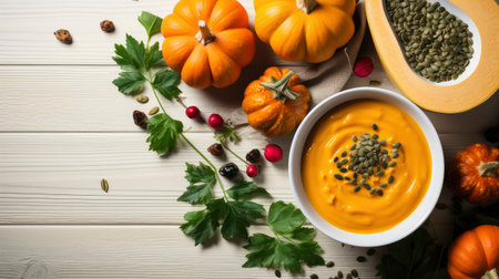 Happy Thanksgiving concept. Composition with ripe orange pumpkins, fallen leaves, dry flowers on rustic wooden table. Flat lay, top view, copy spaceの素材