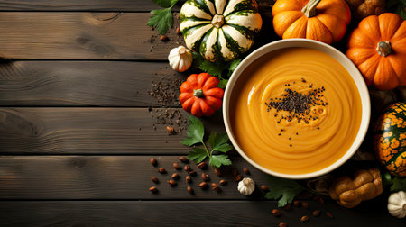 Happy Thanksgiving concept. Composition with ripe orange pumpkins, fallen leaves, dry flowers on rustic wooden table. Flat lay, top view, copy spaceの素材