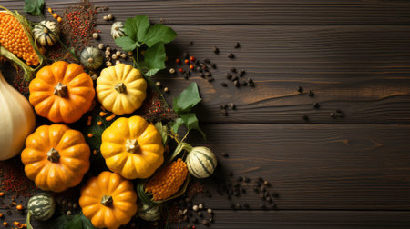 Happy Thanksgiving concept. Composition with ripe orange pumpkins, fallen leaves, dry flowers on rustic wooden table. Flat lay, top view, copy spaceの素材