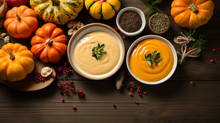 Happy Thanksgiving concept. Composition with ripe orange pumpkins, fallen leaves, dry flowers on rustic wooden table. Flat lay, top view, copy spaceの素材