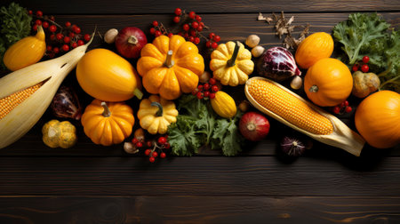 Happy Thanksgiving concept. Composition with ripe orange pumpkins, fallen leaves, dry flowers on rustic wooden table. Flat lay, top view, copy spaceの素材