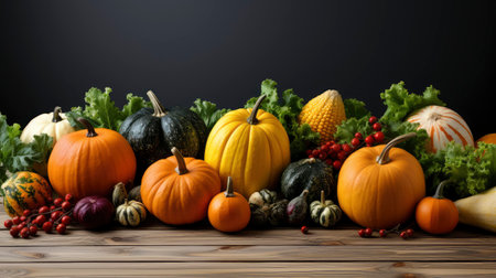Happy Thanksgiving concept. Composition with ripe orange pumpkins, fallen leaves, dry flowers on rustic wooden table. Flat lay, top view, copy spaceの素材