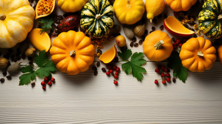 Happy Thanksgiving concept. Composition with ripe orange pumpkins, fallen leaves, dry flowers on rustic wooden table. Flat lay, top view, copy spaceの素材