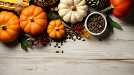 Happy Thanksgiving concept. Composition with ripe orange pumpkins, fallen leaves, dry flowers on rustic wooden table. Flat lay, top view, copy spaceの素材