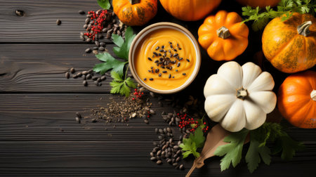 Happy Thanksgiving concept. Composition with ripe orange pumpkins, fallen leaves, dry flowers on rustic wooden table. Flat lay, top view, copy spaceの素材