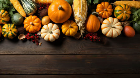 Happy Thanksgiving concept. Composition with ripe orange pumpkins, fallen leaves, dry flowers on rustic wooden table. Flat lay, top view, copy spaceの素材