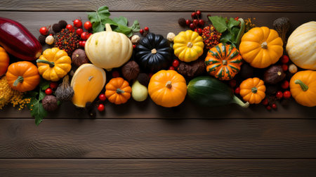 Happy Thanksgiving concept. Composition with ripe orange pumpkins, fallen leaves, dry flowers on rustic wooden table. Flat lay, top view, copy spaceの素材