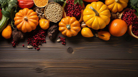 Happy Thanksgiving concept. Composition with ripe orange pumpkins, fallen leaves, dry flowers on rustic wooden table. Flat lay, top view, copy spaceの素材