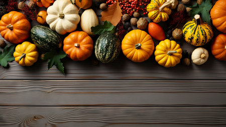 Happy Thanksgiving concept. Composition with ripe orange pumpkins, fallen leaves, dry flowers on rustic wooden table. Flat lay, top view, copy spaceの素材