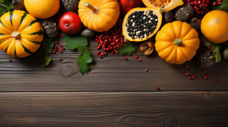 Happy Thanksgiving concept. Composition with ripe orange pumpkins, fallen leaves, dry flowers on rustic wooden table. Flat lay, top view, copy spaceの素材