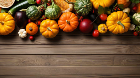 Happy Thanksgiving concept. Composition with ripe orange pumpkins, fallen leaves, dry flowers on rustic wooden table. Flat lay, top view, copy spaceの素材