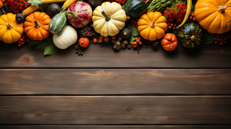 Happy Thanksgiving concept. Composition with ripe orange pumpkins, fallen leaves, dry flowers on rustic wooden table. Flat lay, top view, copy spaceの素材