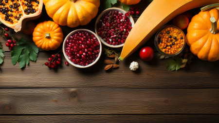 Happy Thanksgiving concept. Composition with ripe orange pumpkins, fallen leaves, dry flowers on rustic wooden table. Flat lay, top view, copy spaceの素材