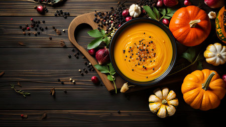 Happy Thanksgiving concept. Composition with ripe orange pumpkins, fallen leaves, dry flowers on rustic wooden table. Flat lay, top view, copy spaceの素材