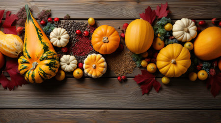 Happy Thanksgiving concept. Composition with ripe orange pumpkins, fallen leaves, dry flowers on rustic wooden table. Flat lay, top view, copy spaceの素材