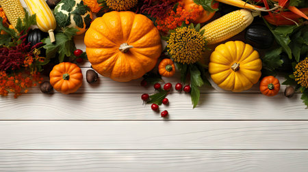Happy Thanksgiving concept. Composition with ripe orange pumpkins, fallen leaves, dry flowers on rustic wooden table. Flat lay, top view, copy spaceの素材
