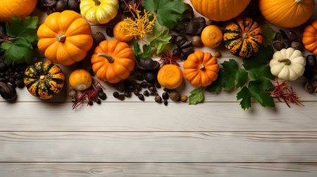Happy Thanksgiving concept. Composition with ripe orange pumpkins, fallen leaves, dry flowers on rustic wooden table. Flat lay, top view, copy spaceの素材