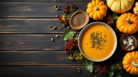 Happy Thanksgiving concept. Composition with ripe orange pumpkins, fallen leaves, dry flowers on rustic wooden table. Flat lay, top view, copy spaceの素材