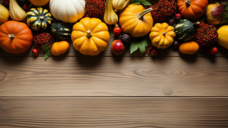 Happy Thanksgiving concept. Composition with ripe orange pumpkins, fallen leaves, dry flowers on rustic wooden table. Flat lay, top view, copy spaceの素材