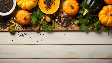 Happy Thanksgiving concept. Composition with ripe orange pumpkins, fallen leaves, dry flowers on rustic wooden table. Flat lay, top view, copy spaceの素材