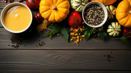 Happy Thanksgiving concept. Composition with ripe orange pumpkins, fallen leaves, dry flowers on rustic wooden table. Flat lay, top view, copy spaceの素材