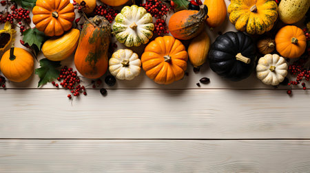 Happy Thanksgiving concept. Composition with ripe orange pumpkins, fallen leaves, dry flowers on rustic wooden table. Flat lay, top view, copy spaceの素材