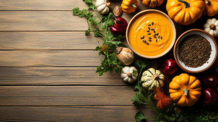 Happy Thanksgiving concept. Composition with ripe orange pumpkins, fallen leaves, dry flowers on rustic wooden table. Flat lay, top view, copy spaceの素材