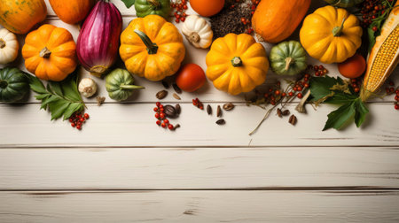 Happy Thanksgiving concept. Composition with ripe orange pumpkins, fallen leaves, dry flowers on rustic wooden table. Flat lay, top view, copy spaceの素材