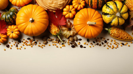 Happy Thanksgiving concept. Composition with ripe orange pumpkins, fallen leaves, dry flowers on rustic wooden table. Flat lay, top view, copy spaceの素材