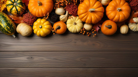 Happy Thanksgiving concept. Composition with ripe orange pumpkins, fallen leaves, dry flowers on rustic wooden table. Flat lay, top view, copy spaceの素材
