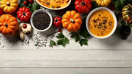 Happy Thanksgiving concept. Composition with ripe orange pumpkins, fallen leaves, dry flowers on rustic wooden table. Flat lay, top view, copy spaceの素材