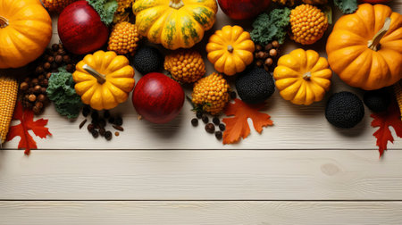Happy Thanksgiving concept. Composition with ripe orange pumpkins, fallen leaves, dry flowers on rustic wooden table. Flat lay, top view, copy spaceの素材