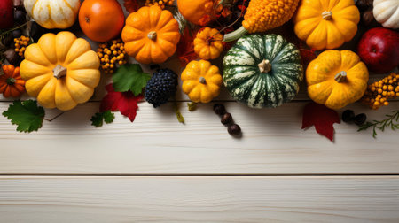 Happy Thanksgiving concept. Composition with ripe orange pumpkins, fallen leaves, dry flowers on rustic wooden table. Flat lay, top view, copy spaceの素材
