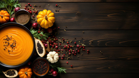 Happy Thanksgiving concept. Composition with ripe orange pumpkins, fallen leaves, dry flowers on rustic wooden table. Flat lay, top view, copy spaceの素材
