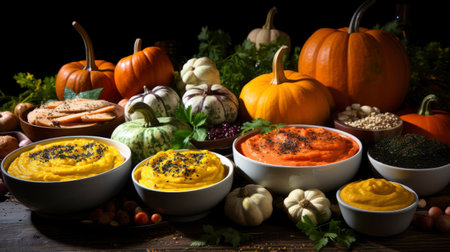 Happy Thanksgiving concept. Composition with ripe orange pumpkins, fallen leaves, dry flowers on rustic wooden table. Flat lay, top view, copy spaceの素材