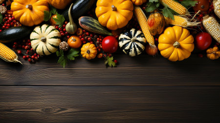 Happy Thanksgiving concept. Composition with ripe orange pumpkins, fallen leaves, dry flowers on rustic wooden table. Flat lay, top view, copy spaceの素材