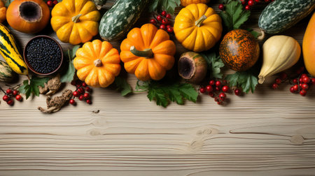 Happy Thanksgiving concept. Composition with ripe orange pumpkins, fallen leaves, dry flowers on rustic wooden table. Flat lay, top view, copy spaceの素材