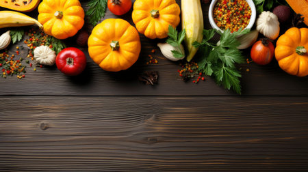 Happy Thanksgiving concept. Composition with ripe orange pumpkins, fallen leaves, dry flowers on rustic wooden table. Flat lay, top view, copy spaceの素材