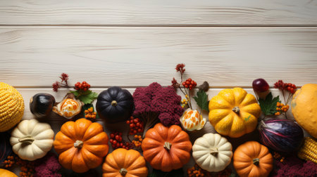 Happy Thanksgiving concept. Composition with ripe orange pumpkins, fallen leaves, dry flowers on rustic wooden table. Flat lay, top view, copy spaceの素材