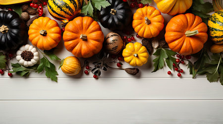 Happy Thanksgiving concept. Composition with ripe orange pumpkins, fallen leaves, dry flowers on rustic wooden table. Flat lay, top view, copy spaceの素材