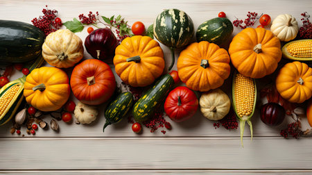 Happy Thanksgiving concept. Composition with ripe orange pumpkins, fallen leaves, dry flowers on rustic wooden table. Flat lay, top view, copy spaceの素材