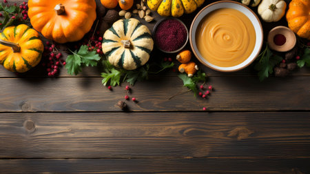 Happy Thanksgiving concept. Composition with ripe orange pumpkins, fallen leaves, dry flowers on rustic wooden table. Flat lay, top view, copy spaceの素材