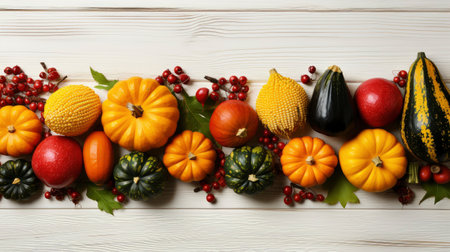 Happy Thanksgiving concept. Composition with ripe orange pumpkins, fallen leaves, dry flowers on rustic wooden table. Flat lay, top view, copy spaceの素材