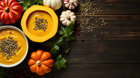 Happy Thanksgiving concept. Composition with ripe orange pumpkins, fallen leaves, dry flowers on rustic wooden table. Flat lay, top view, copy spaceの素材