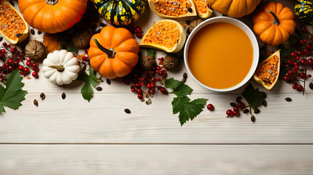 Happy Thanksgiving concept. Composition with ripe orange pumpkins, fallen leaves, dry flowers on rustic wooden table. Flat lay, top view, copy spaceの素材