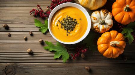 Happy Thanksgiving concept. Composition with ripe orange pumpkins, fallen leaves, dry flowers on rustic wooden table. Flat lay, top view, copy spaceの素材